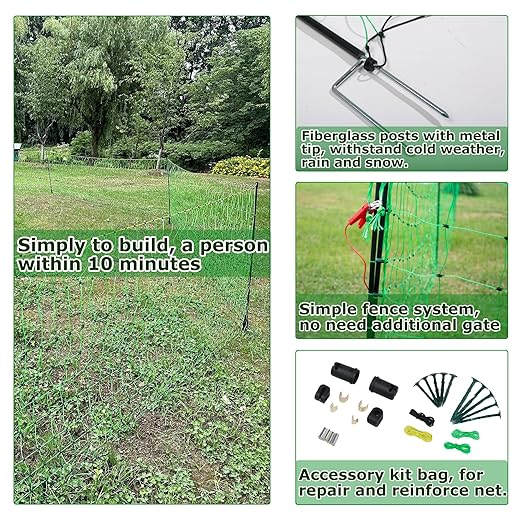 Electric Fence Netting, 35.4" H x 164' L, Portable Livestock Nets with 14 Posts Double Spiked for Hog, Dogs, Deer, Goats, Electric Fencing for Backyards, Homesteaders, Farms, Ranches, Gardens