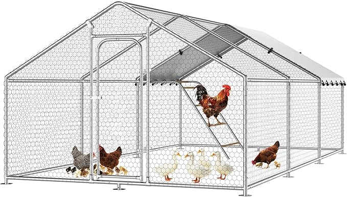 Large Metal Chicken Coop with Waterproof and UV-Resistant Cover,Chicken Run Outdoor Walk-in Cage Rabbit Duck Hen House for Yard Farm Use Spire Roof(10' L x 14.8' W x 6.4' H)