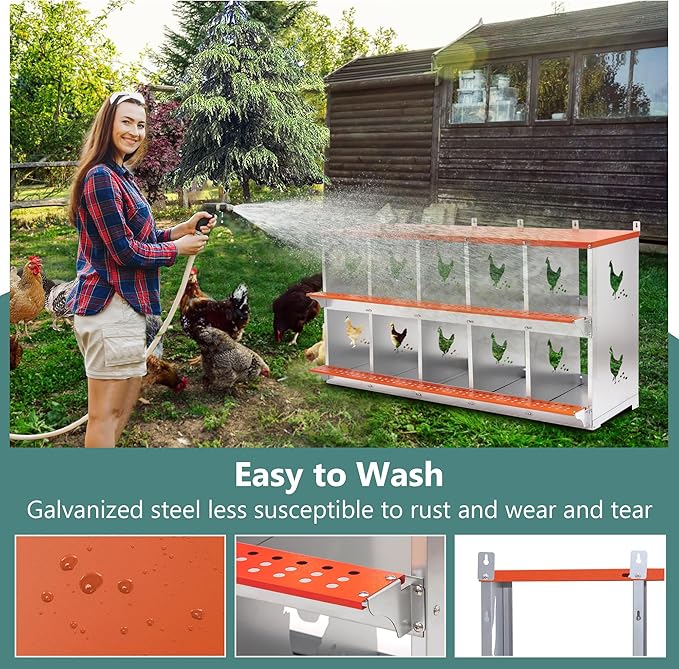 Chicken Nesting Boxes for Laying Eggs with Soft Chicken Nesting Pads &Vented Holes Wall Mountable Laying Boxes with Roll Away Egg Collection Easy to Clean and Install Orange (10 Compartment)