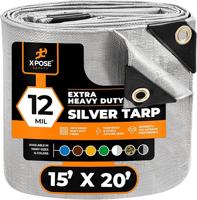 Heavy Duty Silver Poly Tarp 15' X 20' - Multipurpose Protective Cover - Durable, Waterproof, Weather Proof, Rip and Tear Resistant - Extra Thick 12 Mil Polyethylene - by Xpose Safety