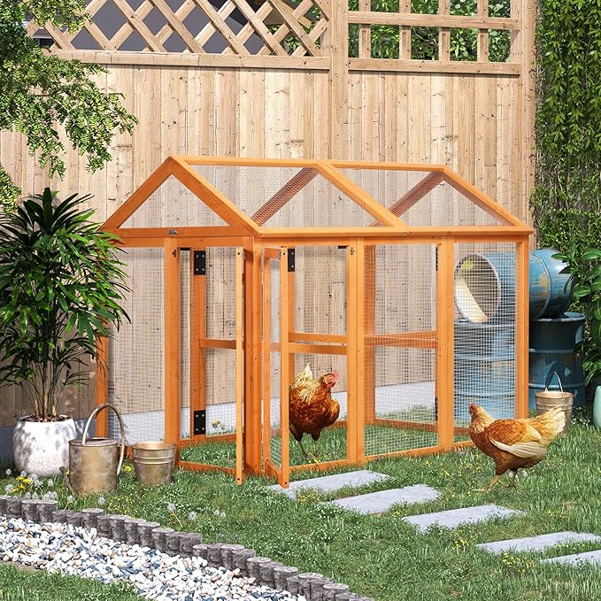 PawHut Chicken Run, Wooden Large Chicken Coop, Combinable Design with Perches & Doors for Outdoor, Backyard, Farm, 4.6' x 2.8', Orange