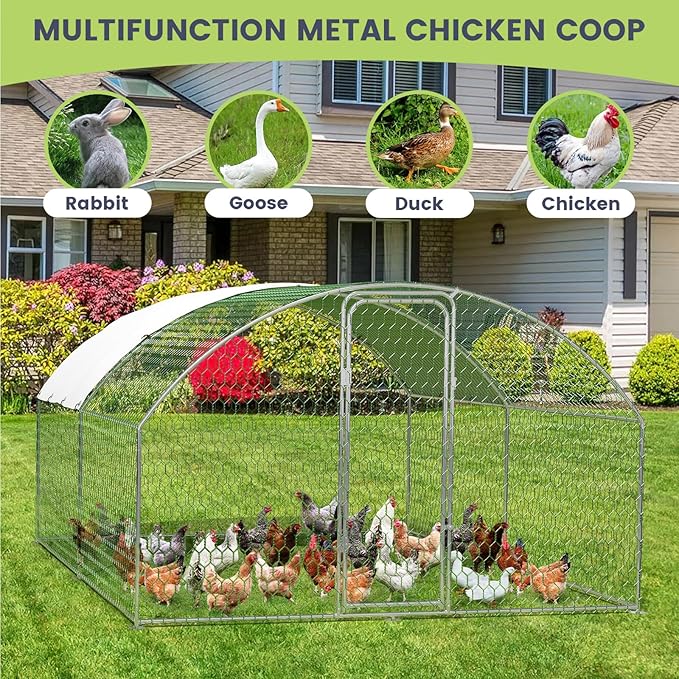 GarveeHome Large Metal Chicken Coop, Dome Roof Walk-in Poultry Cage, Chicken Runs for Yard with Waterproof and Anti-UV Cover, Chicken Pens for Outside Farm Backyard, 13.1 x 9.8 x 6.6 FT