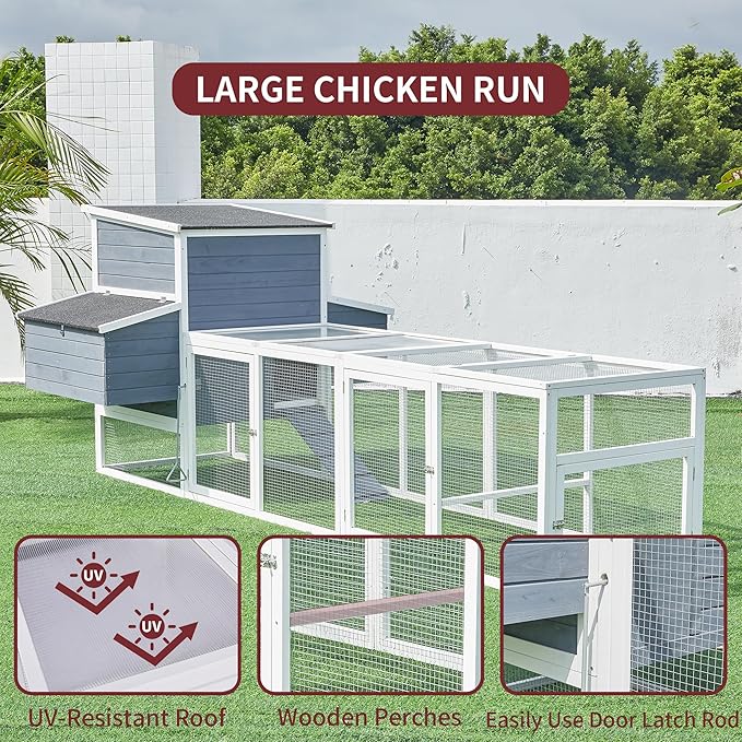 117'' Large Chicken Coop for 4-8 Chickens, Wooden Hen House with Run & 4 Nesting Boxes, Outdoor Poultry Cage Rabbit Cage Duck House with Ramps & Tray, 116.5''L*59''W*46.6''H