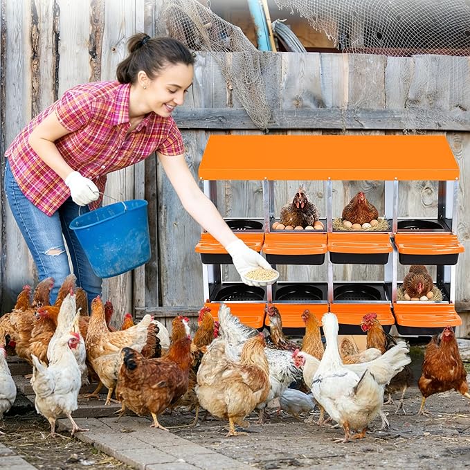 Chicken Nesting Box, 8 Compartment Roll Away Egg Laying Box for Hens, Wall Mounted & Freestanding (2 Modes of Use), Easy Egg Collection, Cleanable Pull Out Nesting Box, Org, NL