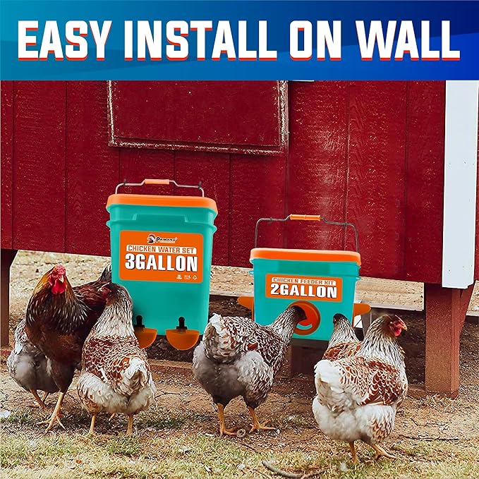Automatic Chicken Feeder and Waterer Set(4 Buckets/2-3 gallons), Chicken Bucket Feeder Ports & Cup Waterer No Waste, Rain Proof Poultry Feeder, Avoid Small Animals, Suitable for Chicken, Duck, Turkey