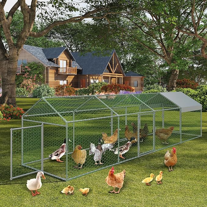 Metal Chicken Coop Outdoor Run, Predator-Proof Poultry Cage with Waterproof & Anti-UV Cover, Secure Hen House with Safety Lock for Backyard, Rabbits, Ducks & Geese, Silver 160" X40" X40"