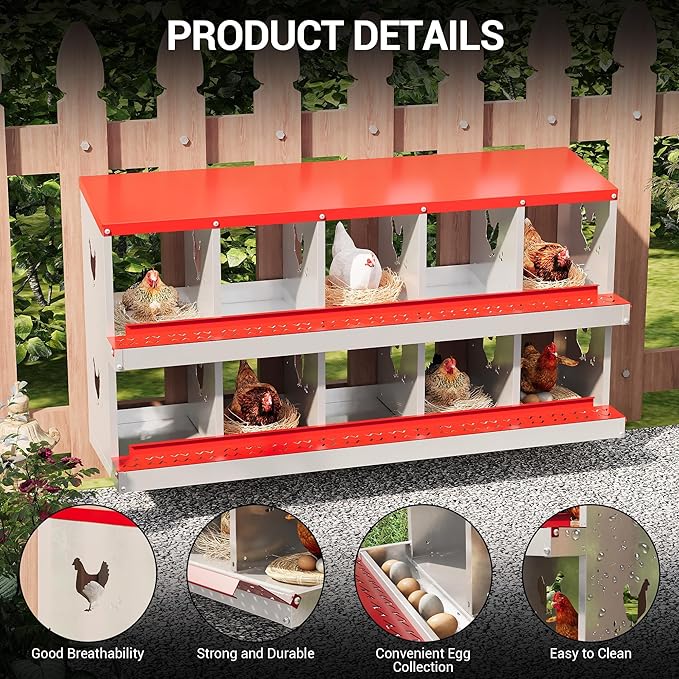 Heavy Duty Galvanized Metal Chicken Nesting Box - Rustproof Egg Laying Box for Hens with Slanted Roof, Rollout Design - Wall Mount or Freestanding Poultry Nest for Chicken Coop (10-Hole)