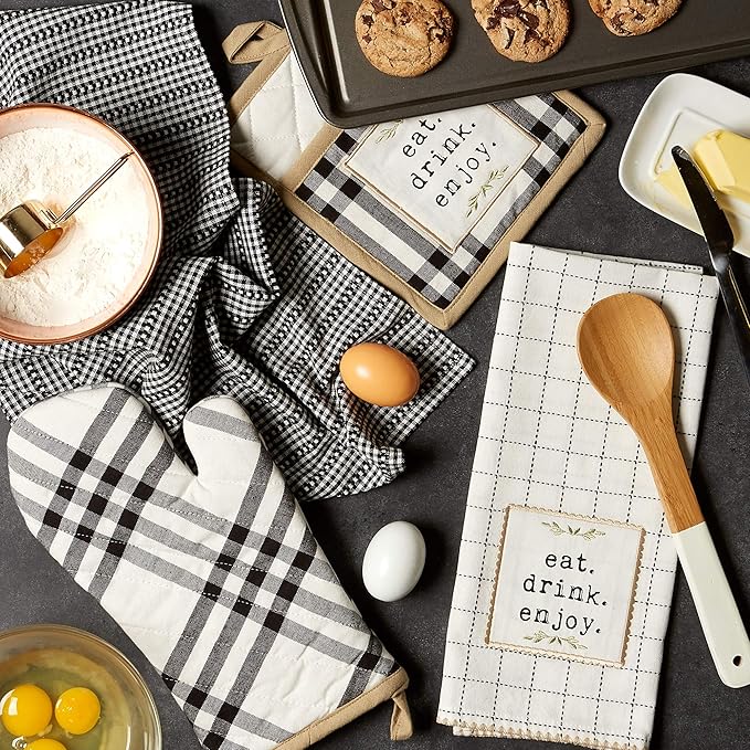 DII Home Sweet Farmhouse Kitchen Collection, Potholder/Oven Mitt/Dishtowel Set, Black, 4 Count
