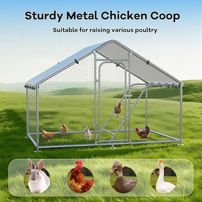 Large Metal Chicken Coop with Roosting Perch, UV-Resistant and Waterproof Cover, Chicken Run Outdoor Walk-in Cage Rabbit Duck Hen House for Yard Farm Use Spire Roof (10’ W x 4.9’ L x 6.4’ H)