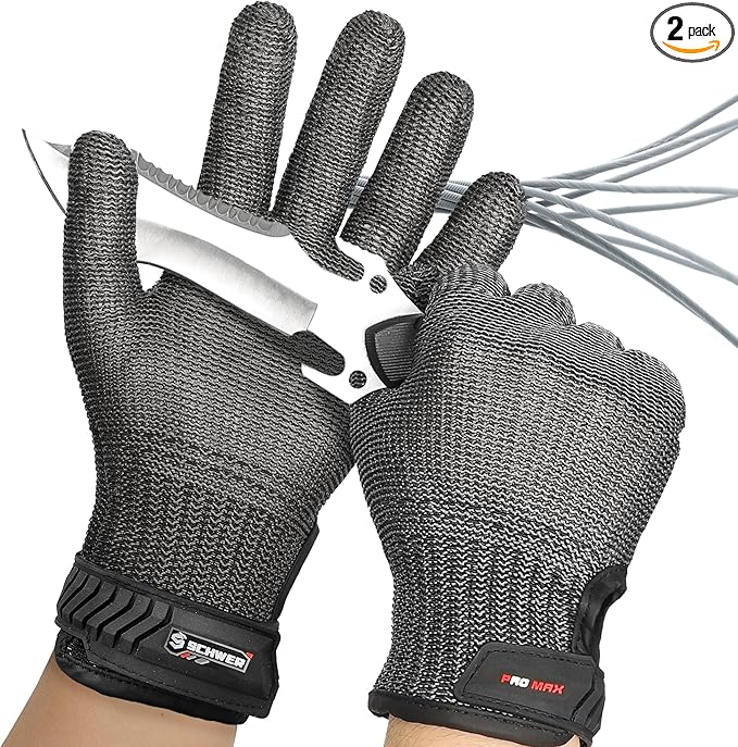 Schwer Ultimate Cut Resistant Gloves Beyond ANSI A9, Reinforced Stainless Steel Glove, Food Grade Mesh Metal Gloves for Butcher Meat Cutting, Oyster Shucking, Mandoline, PR1708 (M, 2 PCS)