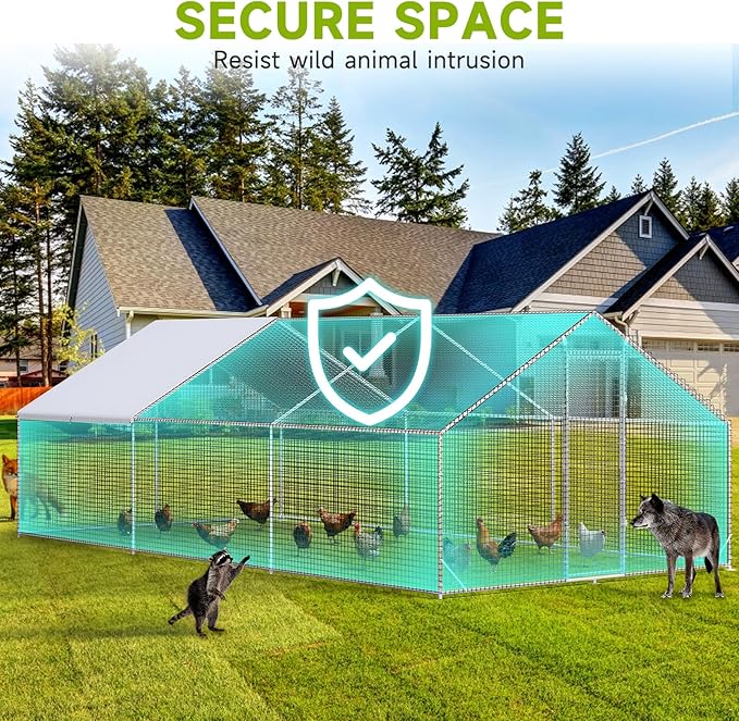 LEVELEVE Large Walk-in Chicken Coop with Chicken Run, Galvanized Poultry Enclosure with Waterproof Anti-UV Cover and Security Lock, Ideal for Rabbit, Duck, Backyard and Farm Yard, 19.7'x 9.8'x 6.6'