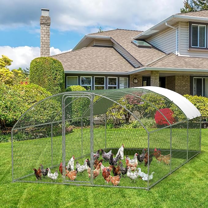 Garvee Metal Chicken Run, 9.8 x 19.7 x 6.6 Ft Metal Chicken Coop for Yard with Waterproof and Anti-Ultraviolet Cover, Dome Roof Walk in Chicken House, Poultry Cage for Hen, Duck and Rabbit