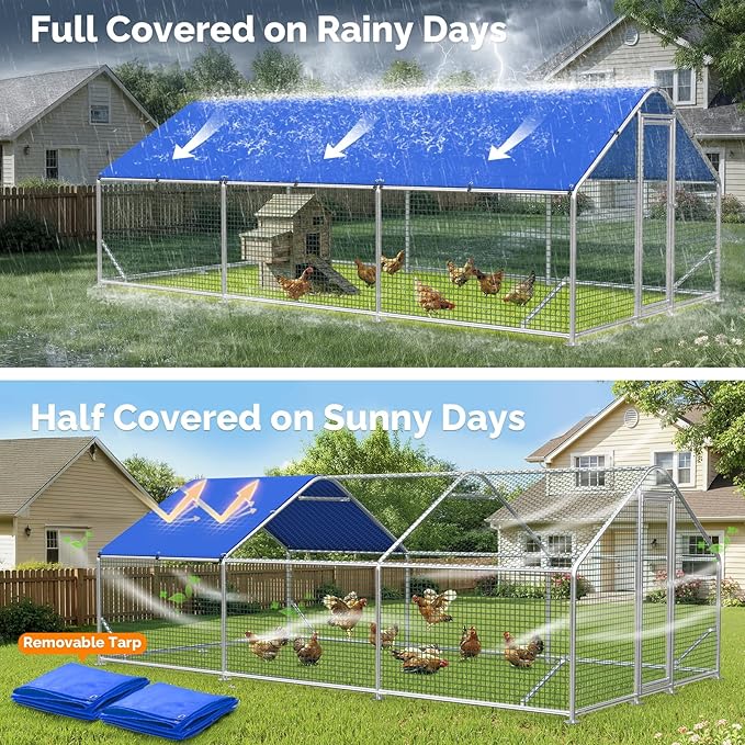 Large Metal Chicken Coop Run with Heavy-Duty Hardware Cloth for 30 Chickens/Ducks, Chicken Runs for Yard with Waterproof Cover, Chicken Enclosure Pen Outdoor, Walk-in Poultry Cage