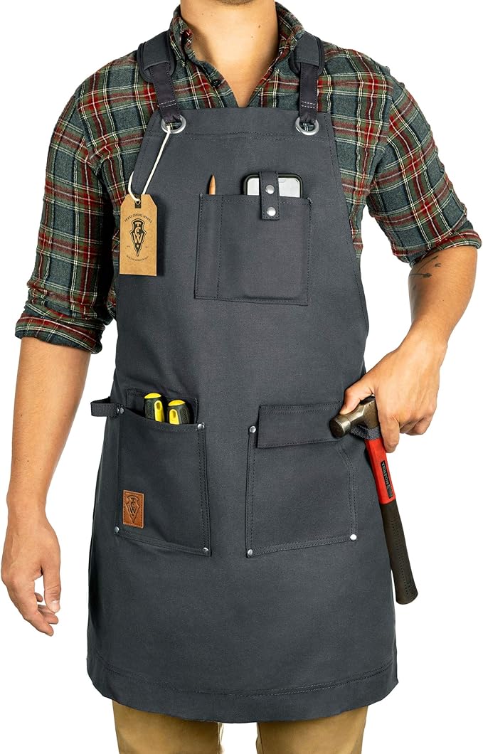 Texas Canvas Wares Waxed Canvas Heavy Duty Work Apron With Pockets - Deluxe Edition - with Quick Release Buckle Adjustable up to XXL for Men and Women (Grey Deluxe Edition)