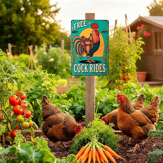 Funnysign Vintage Free Cock Rides Chicken Tin Sign for Chicken Coop Farm Kitchen Garden Yard Decor 8x12 inch (3939)