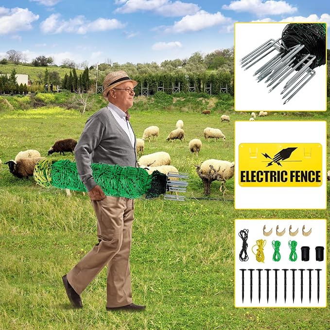 Electric Fence Netting, 164'L x 42.5" H Movable Livestock Nets for Sheep, Hogs, Cattle, PE Net Fencing Kit with 14 Posts Double Spiked, Electric Fencing for Backyards, Homesteaders, Farms Ranches