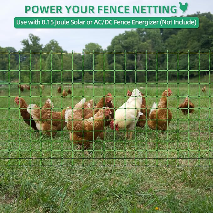 Poultry Netting Electric Fence, 47.5" H x 164' L, Portable Livestock Nets Mesh for Chickens, Ducks, Geese, Turkey, Electric Fencing for Backyards, Homesteaders, Farms, Ranches, Gardens