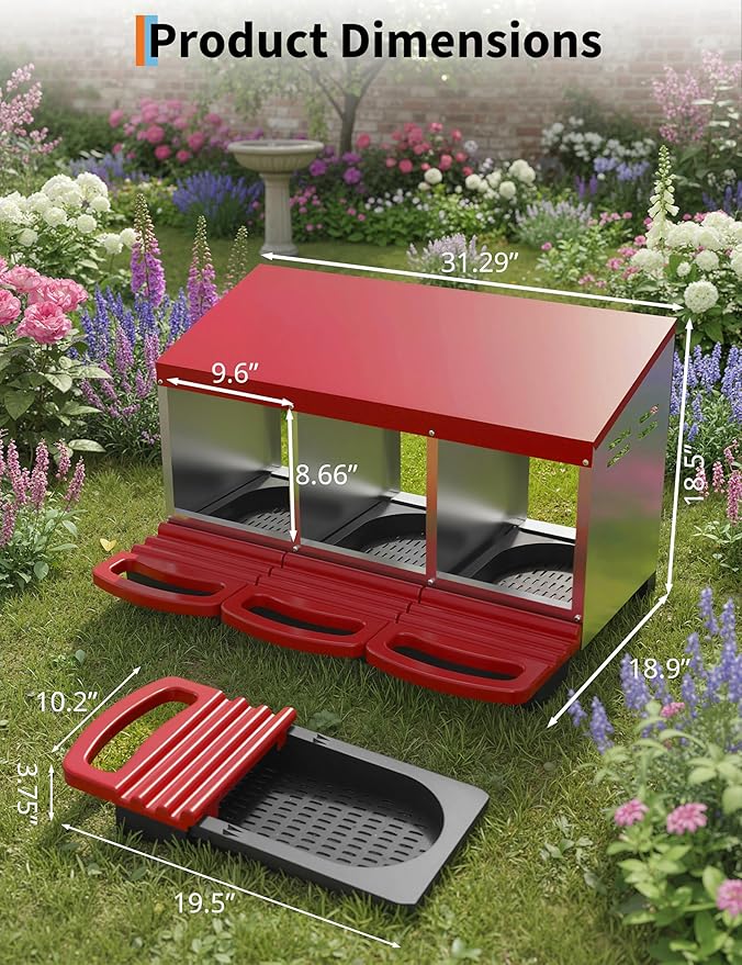 Chicken Nesting Box with Nesting Pads, Galvanized Steel Nest with Roll Away Egg Collection & Swing Perch, Easy-Clean Laying Box for Hens, Heavy Duty Design for Chicken Coop