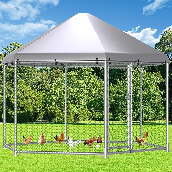 HITTITE Large Metal Chicken Coop with Run, 13.2 x 11.4 x 8.6 ft Walk in Poultry Cage Chicken Run Pen, Hexagonal Roof Outdoor Chicken Runs for Yard with Waterproof & Anti-UV Cover