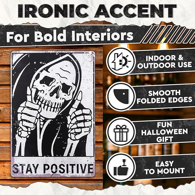 Halloween Skull Decor for Home – Stay Positive Tin Signs Vintage Style 8×12 Inch – Easy to Hang Halloween Wall Decor, Funny Metal Signs for Bedroom, Living Room, Garage, Office – Indoor/Outdoor Use