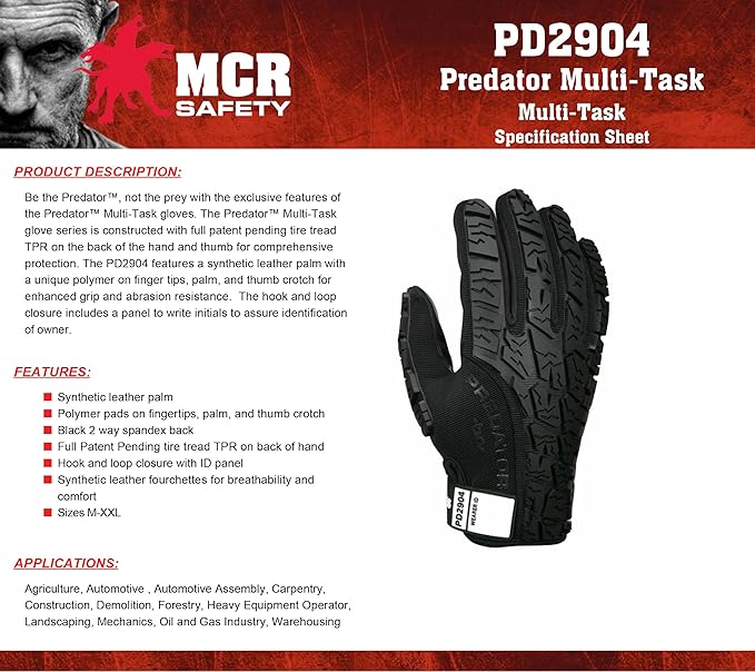 MCR Safety Gloves PD2904XXL Predator Multitask Fabric, Tire Tread Back, Breathable, and Durable Synthetic Leather Palm Gloves, Black, 2X-Large, 1 Pair