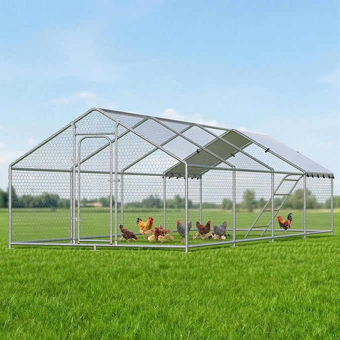Large Metal Chicken Coop with Roosting Perch, Waterproof and UV Protection Cover, Chicken Run Outdoor Walk-in Cage Chicken Rabbit Duck Hen House for Yard Farm Use Spire Roof (10’ W x 26.2’ L x 6.4’ H)