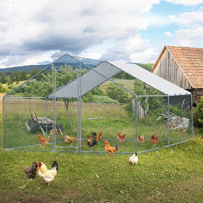 VINGLI Large Metal Chicken Coop for Chickens, Walk-in Chicken Run with Waterproof Anti-UV Cover, Heavy-Duty Chicken Pen with Security Lock for Outdoor Backyard Farm Use (13.1'Lx9.8'Wx6.5'H)