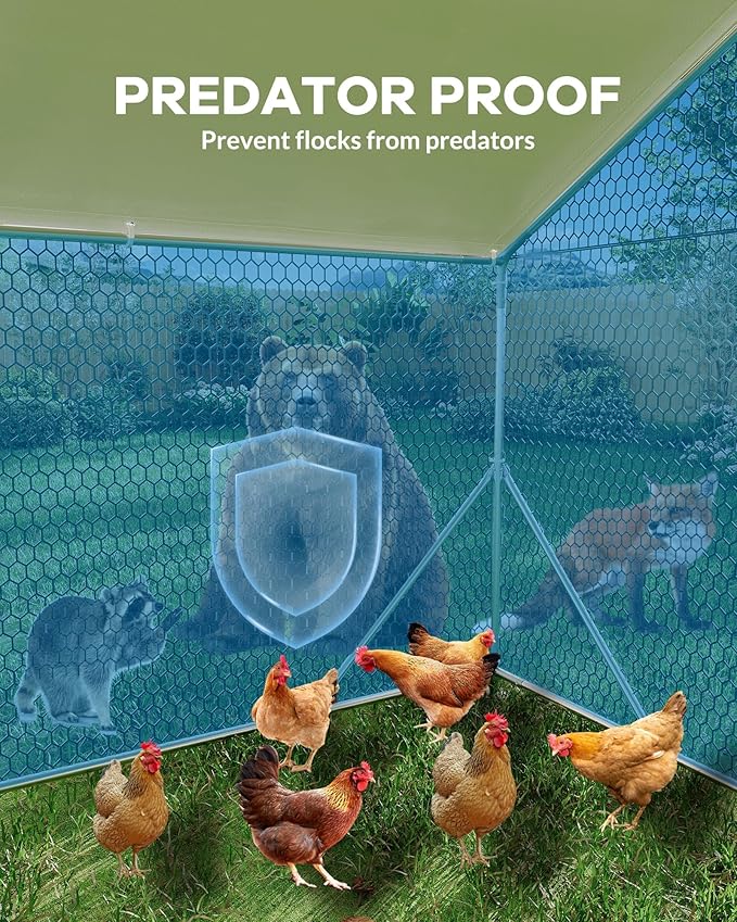 Large Metal Chicken Coop with Run, Walk in Chicken Coop with Waterproof & Anti-UV Cover, Spire Roof Poultry Cage for Yard Hen Duck Rabbit, 6.56 x 9.84 x 6.56 ft