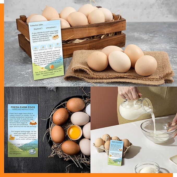 200 PCS Fresh Farm Egg Handling Instruction Cards, Double-sided Printing Egg Carton Stamp Bulk with Washed/Unwashed Fresh Egg Care Accessories Card Labels for Farm Fresh Eggs (3.5” x 2”, Rustic Style)
