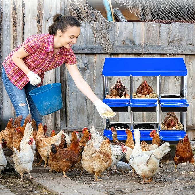 Chicken Nesting Box, 6 Compartment Roll Away Egg Laying Box for Hens, Wall Mounted & Freestanding (2 Modes of Use), Easy Egg Collection, Cleanable Pull Out Nesting Box, Blu, NL