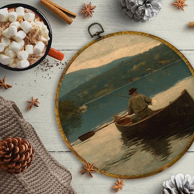 CUANFDDSF Vintage Fisherman Fishing Round Wall Art, Antique Fishing Framed Hanging Wall Decor, Rustic Farmhouse Fisherman Landscape Canvas Prints Decorations for Home Bedroom Living Room, 10x10 Inch