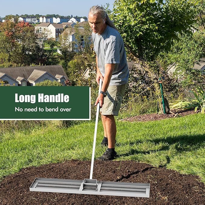 Happygrill Lawn Leveling Rake, Heavy Duty Lawn Level Tool for Soil w/67” Handle, Dirt Ground Leveler, Effort-Saving Landscape Rake for Garden, Backyard, Golf Course, Farm, Pasture (46" x 10", Silver)