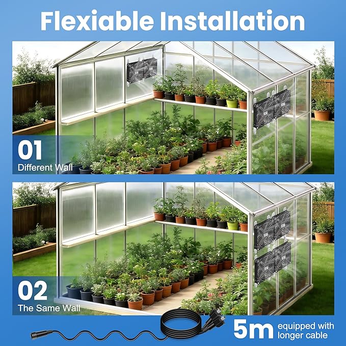 Solar Exhaust Fan for Greenhouse with Battery and Adjustable Thermostat, Solar Powered Fan with 2PCS 25W Bifacial Solar Panel & Quad 5.5" Fans Kits