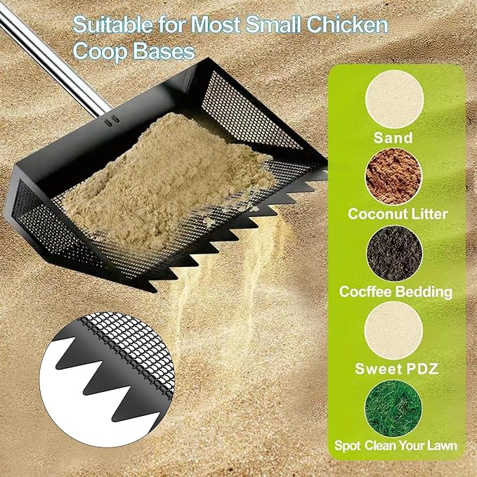Chicken Poop Scooper & Rake 3-in-1, Metal Coop Shovel, Sand Sifting Shovel, Pet Waste Cleans. Litter Sifting Cleaning Tool with 35" to 62" Adjustable Stainless Steel Handlele
