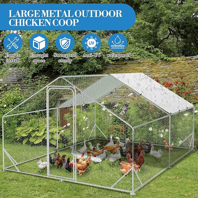 Large Metal Chicken Coop, Walk-in Poultry Cage, Chicken Run Pen House with Reinforcement & Waterproof & Anti-Ultraviolet Cover Chicken Coop Run with Double Lockable Doors for Outdoor 9.8 x13.1X 6.6ft