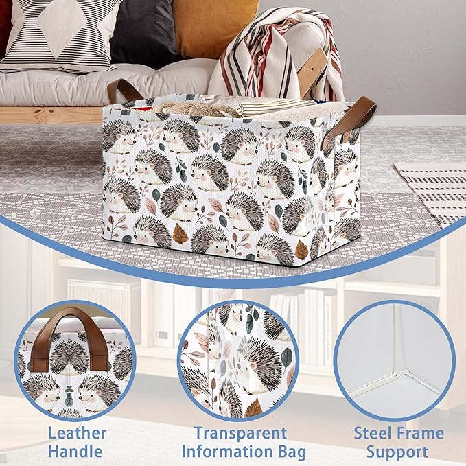 Cute Hedgehog Storage Basket,Leaf Collapsible Storage Bin Cubes for Living Room Bedroom Blankets Home Storage 17x11.5x10Inch