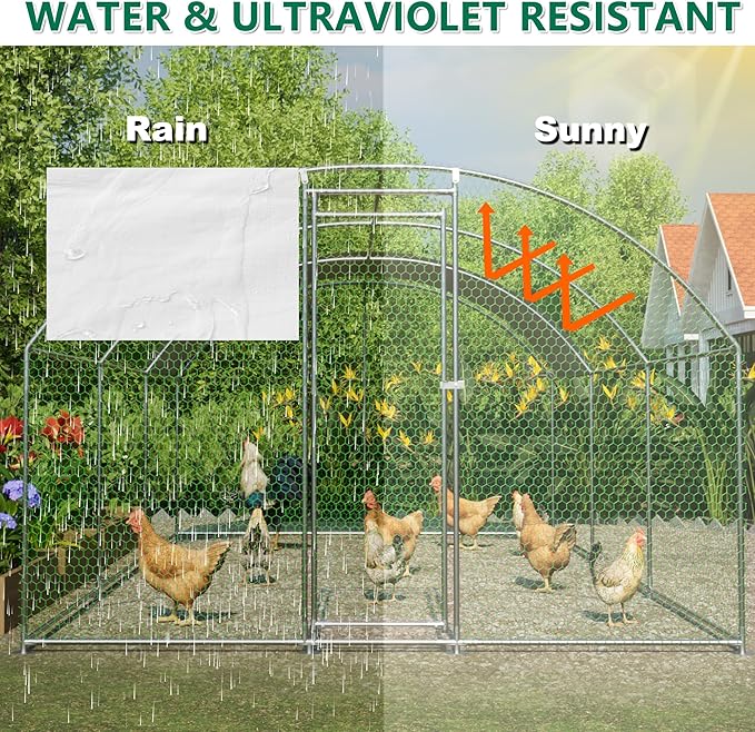OUYESSIR Outdoor Metal Chicken Coop, Large Walk-in Chicken Run Pen with Waterproof Cover, Rabbit Habitat Dome Roof Dome Poultry Cage for Backyard Farm Use (10'W x 20'L x 6.5'H)