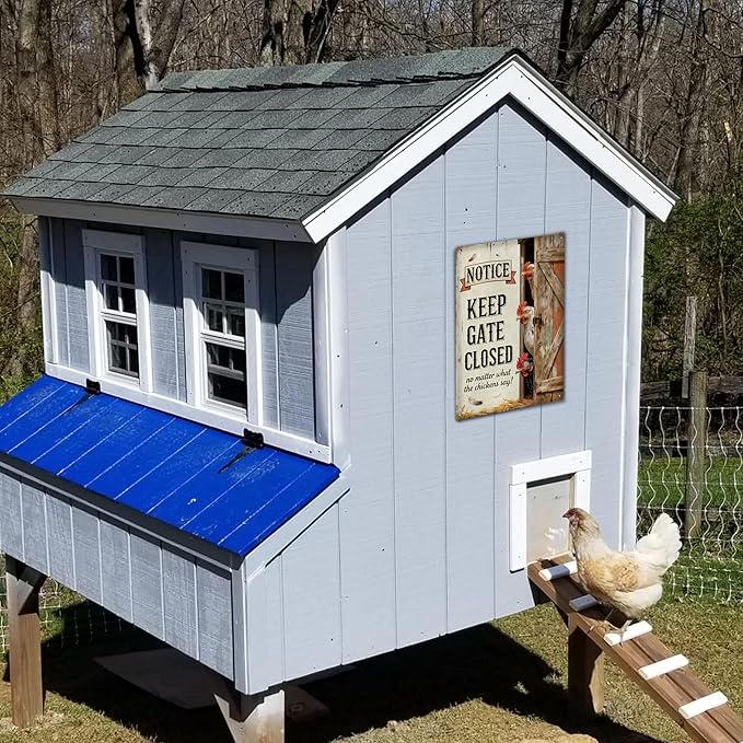 Chicken Signs for Coop Funny Outdoor– Hen House Decor with Warning "Keep Gate Closed No Matter What Chickens Say" Sign, Metal Chicken Coop Accessories for Home, Gifts for Chicken-mom -8x12 Inch