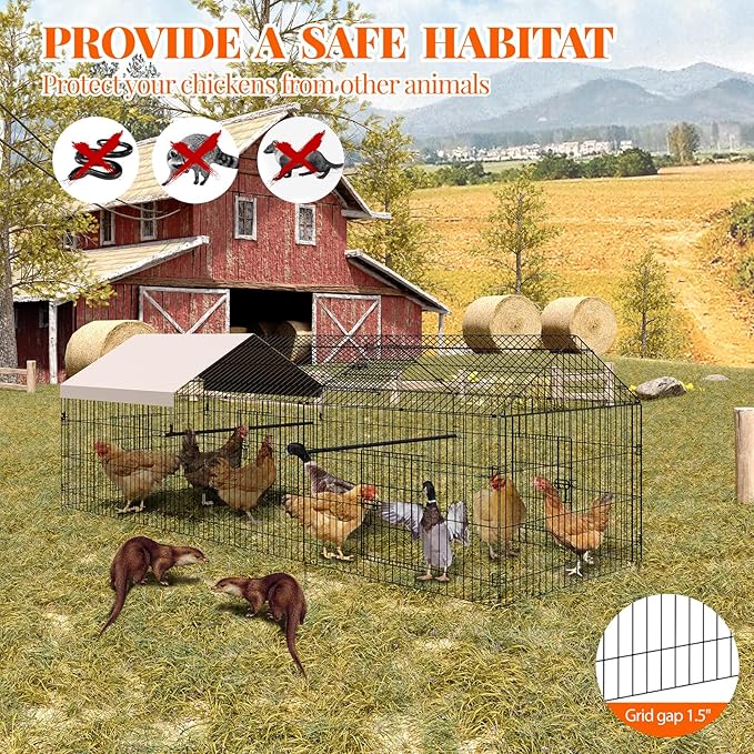 Garvee Metal Chicken Coop with Waterproof & Anti-UV Cover, Portable Chicken Run for Yard, Poultry Cage Hen House for Backyard Farm Use, 130 in L x 40 in W x 40 in H