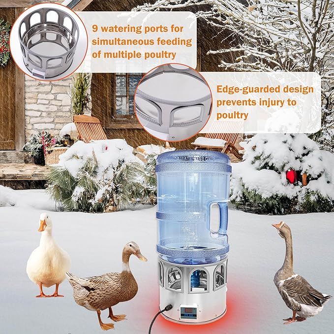 5 Gallon Heated Chicken Waterer Poultry Water Heater for Winter Stainless Steel Adjustable Temperature 8 Drinking Ports Heated Water Bowl for Chickens Ducks Geese Pigeons