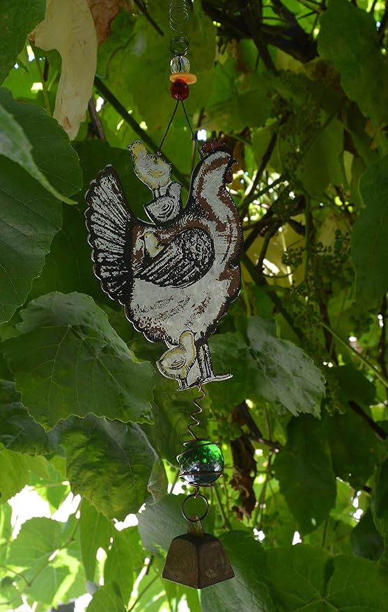 Sunset Vista Designs Bouncy Garden Decoration with Mini Cow Bell, 11-Inch, Galvanized Metal Hen and Chicks