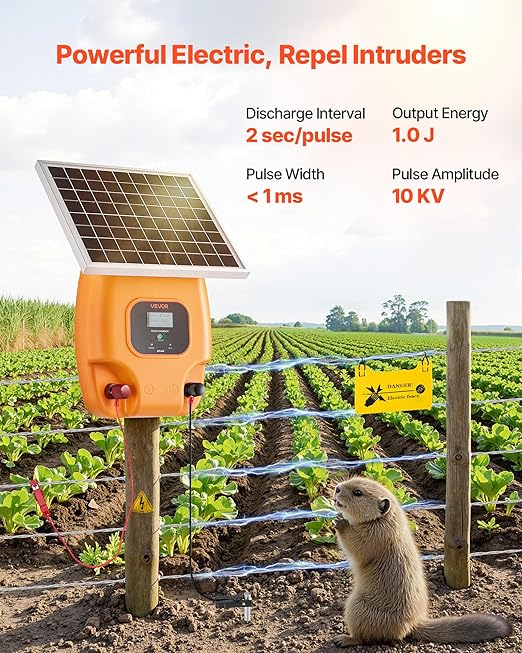 VEVOR Solar Fence Charger, 1J 10 kV Solar Powered Fence Charger, 1.86 Miles Range, Electric Fence Energizer Kit, Keep Out Predators, 3 Days Runtime, for Livestock, Poultry, Garden Protection