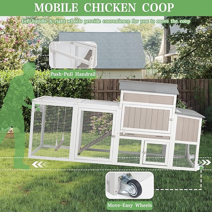 Chicken Coop Mobile Wooden Hen House with Nesting Box,166.4" L Outdoor Chicken House with 4 Wheels and Removable Tray,Fir Wood Chicken Tractor with 12 Ventilation Door and 2 Ramps,Grey