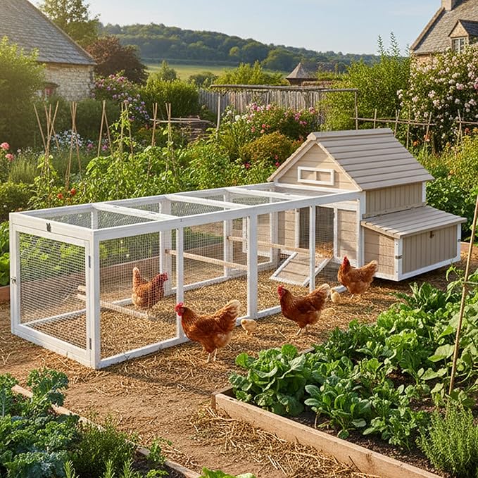 Large Wooden Chicken Coop with Run for 2–6 Chickens Outdoor Hen House with Raised Floor, Weatherproof Roof, 6 Nesting Boxes, 3 Perches & Slide-Out Tray Hen Coop for Backyard Poultry Pets
