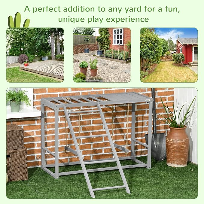 PawHut Chicken Activity Play with Swing Set for 3–4 Birds, Wooden Chicken Coop Accessory with Multiple Perches & Hen Ladder, Gray