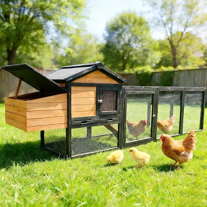 Large Wooden Chicken Coop Outdoor Hen House with Nesting Box，Walk-in Poultry Cage with Secure Locks, Metal Mesh Run for Backyard Farm Use (Black+Brown 106.3")