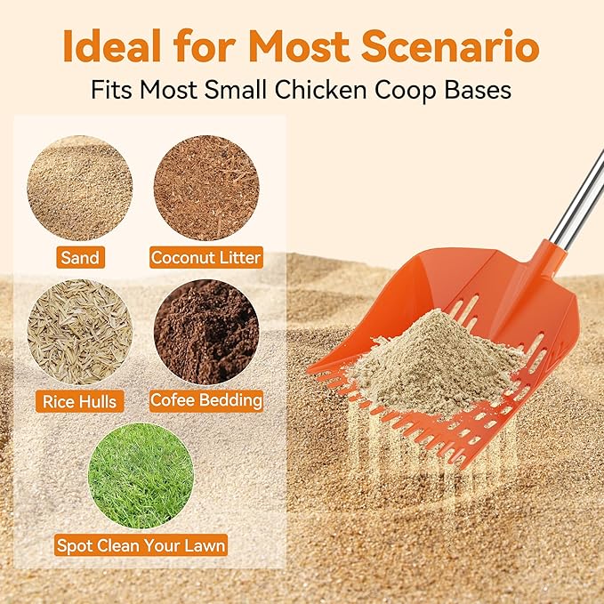 Chicken Poop Scooper with Rake - Lightweight Chicken Poop Shovel for Small Farm Animals - Sand Sifting Shovel with Adjustable Long Handle (38-67'') - Easy to Use for Women & Seniors (Orange)