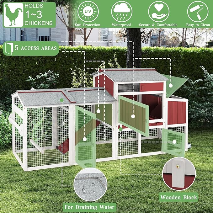 Chicken Coop Mobile Wooden Hen House with Nesting Box,83.2" L Outdoor Chicken House with 2 Wheels and Removable Tray,Fir Wood Chicken Tractor with 6 Ventilation Door and 1 Ramp,Red