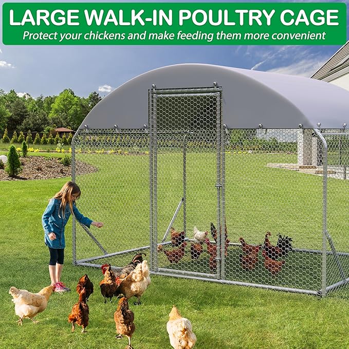 Large Metal Chicken Coop, Walk-in Chicken Run Pen with Waterproof Cover, Dome Roof Poultry Cage for Outdoor, Backyard, Farm