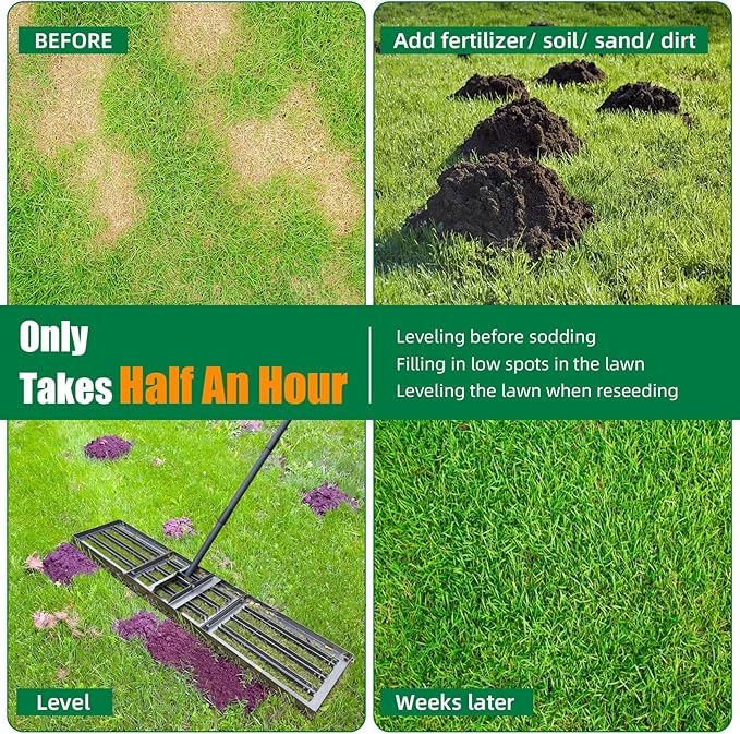 Lawn Leveling rake 51"x9.4" Levelawn Tool with 70.5" Adjustable Long Handle Heavy Duty Landscape Leveling Rake Lawn Leveler Yard Tool for Backyard, Golf Course, Garden, Pasture, Farm